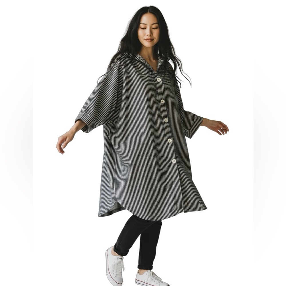 Hooded Denim Jacket Geometric Striped - Picture 12 of 15